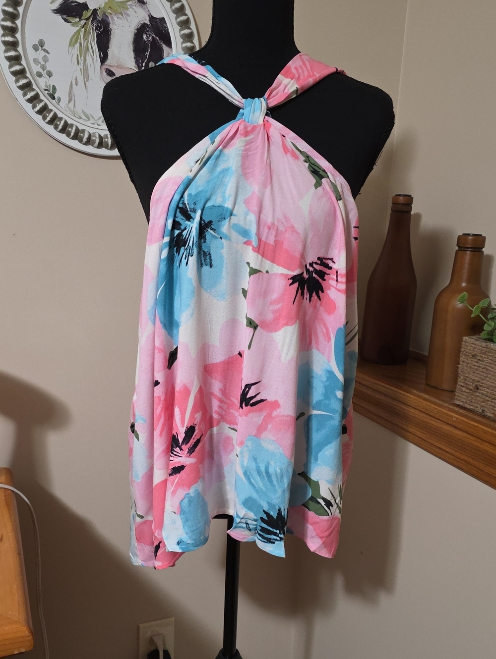 Knot Halter Floral Tunic Top - Pink & Blue